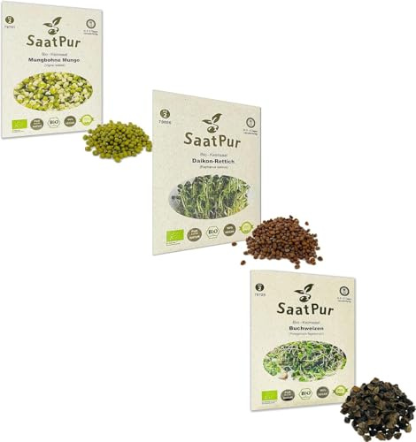 SaatPur BIO Keimsprossen Sortiment 3 BIO Sorten Fitness Mix Mischung - Mungo Mung Bohne + Daikon Rettich + Buchweizen