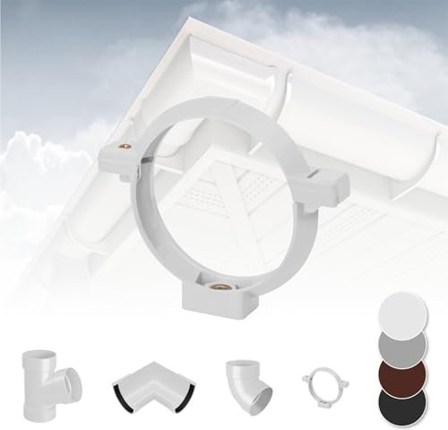 Sistema de canalón RAINWAY S (abrazadera de tubo blanca) - plástico PVC-U en 4 colores, recomendado para superficies de tejado < 100m², abrazadera de tubo de bajada