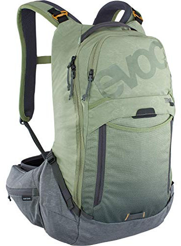 EVOC TRAIL PRO 16l Protektor Rucksack für Tagestouren & Trailriding, Fahrradrucksack (Backpack mit LITESHIELD PLUS Rückenprotektor, extra leicht, 3l Trinkblasenfach, Größe: L/XL), Olive/Carbon Grau