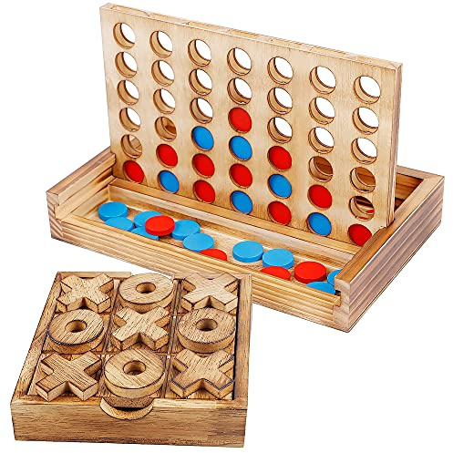 Glintoper Tic Tac Toe & 4 in a Row Tables Game Set, Classic Board Line Up 4 for Living Room Rustic Table Decor and Use as Game Top Wood Guest Room Decor Strategy Board Games for Families