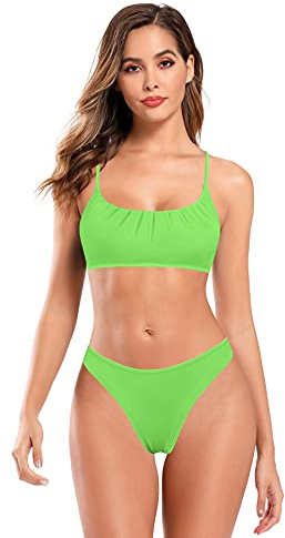 SHEKINI Costume da Bagno a Collo Basso per Donna Bikini Gilet a Fascia Reggiseno Bikini Plissettato Costume Mare con Imbottitura Pettorale e Tracolla Regolabile (Verde Fluo, L)