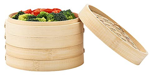 Bamboo Steamer 2 Tier Basket with Lid for Cooking, Handmade Seafood Steamer Pot for Dim Sum, Vegetables, Rice, Meat