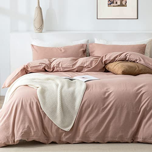 TIPTOE BEAR King Duvet Cover Set- 100% Washed Cotton 3 Pcs Soft Comfy Breathable Chic Linen Feel Bedding, 1 Duvet Cover and 2 Pillow Shams, Pink