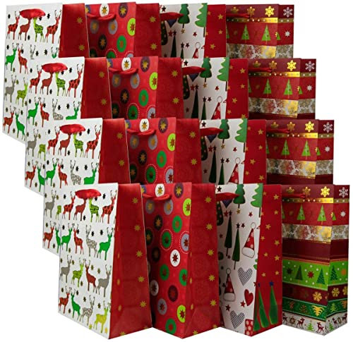 LATERN 12 Stück Weihnachtstüte Geschenktüten, 32 x 26 x 12 cm Verschiedene Weihnachtsthemen Goody Bags Geschenktüten Weihnachtspartytüten mit Bandgriff (4 Farben)