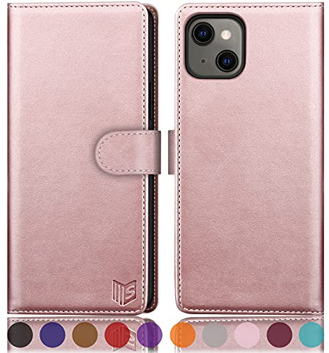 SUANPOT [RFID Schutz für iPhone 13 5G 6,1-Zoll Hülle PU Leder Handyhülle Lederhülle Klapphülle Kartenfach Flip Cover für Apple 13 Handy hülle Leather Wallet Phone Case Roségold