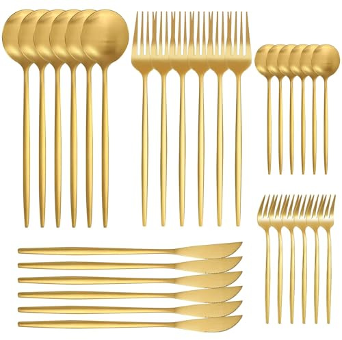 AIBAOBAO 30 Teilig Besteckset für 6 Personen, Besteck Set 6 Personen, Besteck aus Edelstahl mit Messer Gabel Löffel, Gold Besteck Set, Kuchengabeln, Tee-/ Kaffeelöffel Essbesteck, Spülmaschinenfest
