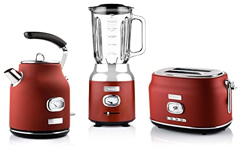 Westinghouse Retroline Set de petit-déjeuner rouge, grille-pain, blender et bouilloire, 1,7 l et filtre anti-calcaire, grille-pain à deux fentes avec grille à viennoiseries, blender avec 3 vitesses