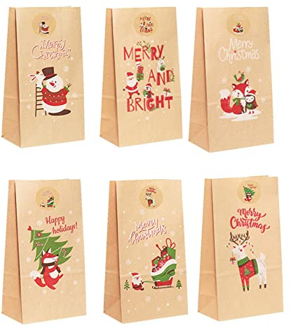 Yeeda Jul-advents-papperspåse, 24 stycken presentpåsar jul och nummer klistermärkesset, jul kraftpapper presentlådor för väggen, hem, kontor