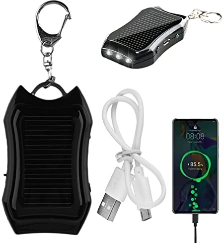 Portachiavi a energia solare, batteria di grande capacità da 1200 mAh, piccolo caricatore solare, portachiavi portatile con torcia a LED, portachiavi mini power bank per telefoni cellulari (nero)
