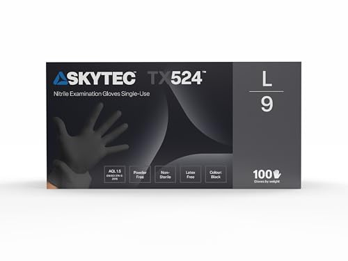 Skytec TX 524 Black Nitrile Disposable Gloves - Latex Free, Powder Free, Exam Disposable Gloves, Disposable, Surgical, Cleaning, Food Gloves, Extra Strong, Black Disposable Gloves
