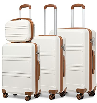 Kono Set de 4 Valises Rigide Bagage Cabine 55cm + Valise Moyenne 65cm + Valise Grande 74cm avec 4 roulettes et Serrure TSA + Vanity Case, Blanc Crème