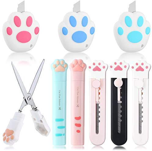 9 Pcs Mini Cute Box Cutter Scissors Knives Set Carton Cat Paw Stainless Steel Cutter Letter Opener Portable Retractable Utility Knives for Package Paper Cut Home DIY Scrapbook Crafting Back to School