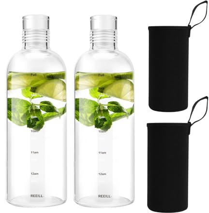 Snminetal Glass Water Bottles,With Time Marker， Non-slip Sleeve And Seal Lid, Drink Water Bottle 26oz，Suitable for office, Car, home, travel Hiking, fitness, as a gift, etc(750ML2PCS)