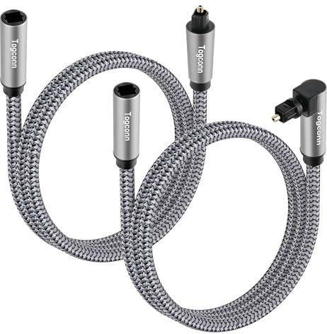 Cavo di prolunga ottico da 1,2 m (2 pezzi), 90 gradi maschio a femmina e dritto maschio a femmina, cavo audio Toslink in nylon intrecciato in fibra placcata oro 24 K, cavo adattatore di prolunga
