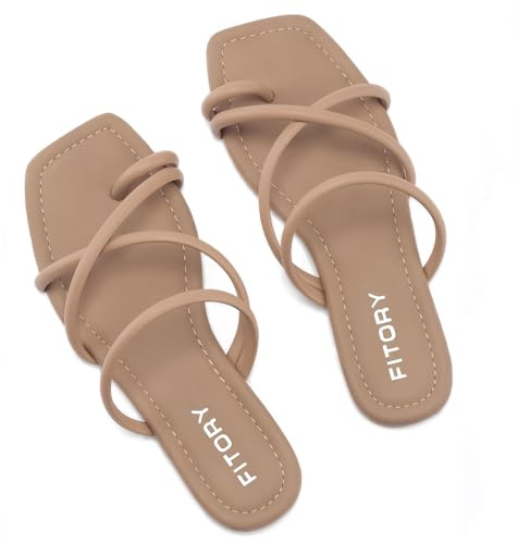 FITORY Women's Slide Sandals Flat Toe Ring Thongs with Cross Strap for Summer Size 8 Camel