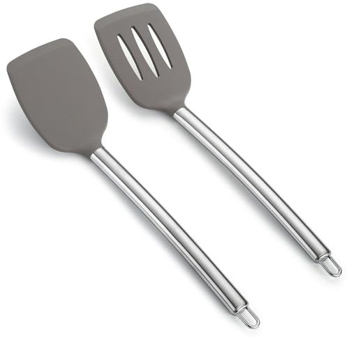 Juego de espátulas de silicona, ReaNea Slotted Turner, Solid Turner, espátulas de cocina con mango de acero inoxidable para utensilios de cocina antiadherentes, aptas para lavavajillas