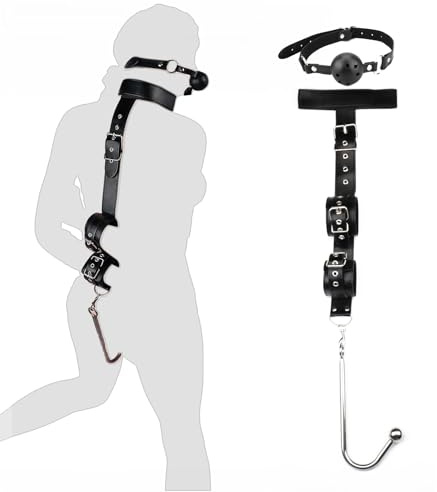 Anal Hook with Mouth Gag and Back Handcuffs for Adult Play, ZEOABSY Stainless Steel Buttplug 3cm with Adjustable Hand Cuffs, Slave Leather Restraint Set, SM Sex Toys Flirt for Women Men Extreme Love