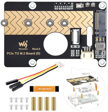 Waveshare PCIe to M.2 Adapter Board (D), Compatible with Raspberry Pi 5, Supports 2280/2260 / 2242/2230 Size NVMe Protocol M.2 SS Solid State Drive, High-Speed Reading/Writing NVMe Adapter