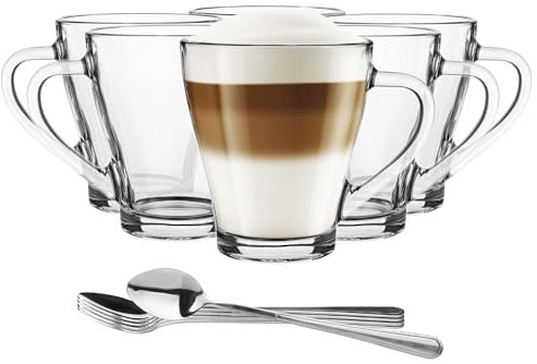 Glasmark KROSNO 1992 set di 6 tazze da caffè latte vetro trasparente 360 ml con manico bicchieri da tè latte macchiato cappuccino con 6 cucchiaini