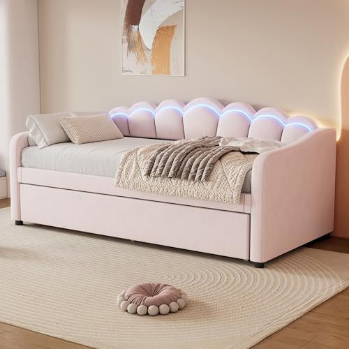 ZYLOYAL10 Daybettt, 90x200cm Tagesbett mit ausziehbarem Bett,Schlafsofa, Einzelbett(Ohne Matratze), Samt, farbwechselndes Umgebungslicht, Fernbedienung,minimalistisches Styling,Rosa