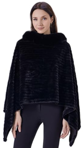 Miaikvs Scialle da donna lavorato a maglia, scialle con collo in pelliccia, poncho, scialle avvolgente, Nero, Taglia unica