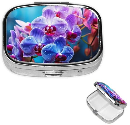 Colorful Orchids Flower Pill Box Portable Small Pill Case 2 Compartment Metal Pill Vitamins Holder Organizer Cute Travel Pillbox for Purse Pocket