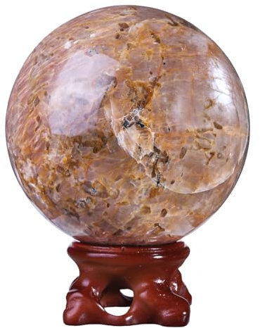 SUNYIK Esfera de bola de piedra lunar naranja natural con soporte de madera, esfera de cristal pulido, decoración para mesa de oficina en casa, 71-80 mm