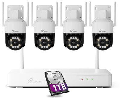 Loocam 4K Wireless Security Camera System Wi-Fi 6, Color Night Vision, 355° Pan 95° Tilt, Light & Siren Alarm, Human Vehicle Detection, Two-Way Audio Cameras for Home Security, 8CH NVR 1TB HDD