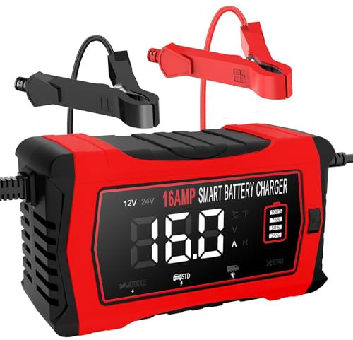 HTRC 16A Autobatterie Ladegerät, 6V/12V/24V Batterie Ladegerät für Auto LKW Motorrad Rasenmäher Boot Marine Batterien, Lithium, LiFePO4, Blei-Säure Ladegerät für AGM, Gel, EFB usw