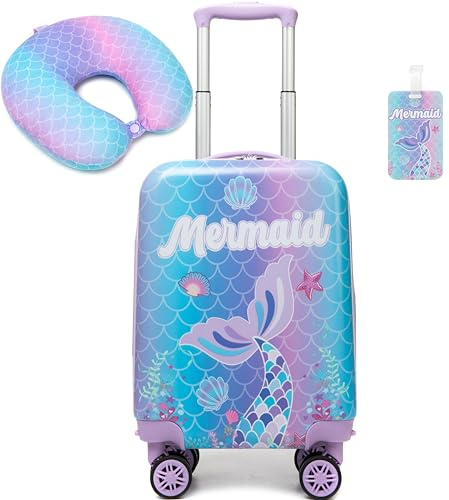 Inprof Cute Mermaid Kid’s Luggage Set 2 Piece Suitcase Set 16’’ Hardside Luggage with Spinner Wheels Girls Travel Rolling Luggage Carry on Luggage Airline Approved