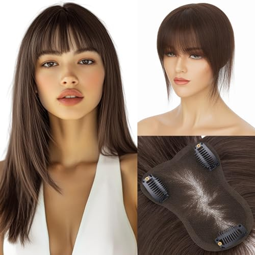 Elailite Hair Topper Dunkelbraun Clip in Haartopper Echthaar Damen mit Pony Haarteil Haarteile 27.5cm 21g #2 Silk Lace 5x11cm