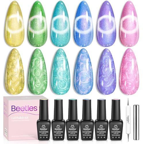 Beetles Cat Eye Gel Nail Polish - 6 Colours Shimmer Pearl Cat Eye Set with Magnet Rainbow Mermaid Swirl Shell Thread Yellow Pink Blue Purple Green DIY Manicure Gifts for Women-1250