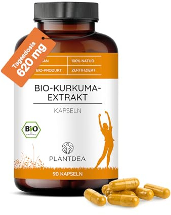 PlantDEA Bio Kurkuma Extrakt I 90 Bio Kurkuma Extrakt Kapseln hochdosiert I laborgeprüft I veganes Pulver mit Piperin I PlantDEA