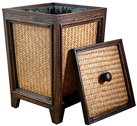 Vintage Wooden Rattan Trash Can with Lid 10 Liter Waste Bin for Home and Office Decor Delicate Waste Paper Basket
