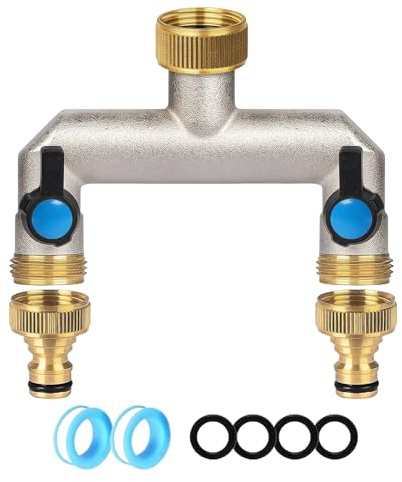 Brass Hose Splitter, 3/4 Inch 2 Way Faucet Diverter, Garden Hose Splitter with 2 Individual Valve and 2 Adapter, Heavy Duty Brass Tap Splitters for Timer, Garden