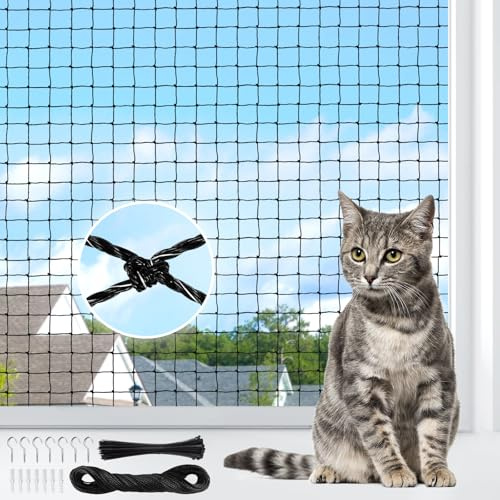AQhui Katzennetz für Balkon, Balkonnetz 6x3m, Katzennetze Drahtverstärkt Transparent, Katzenschutznetz, Taubennetz Ohne Bohren, Katzen Netz Schwarz Gilt terrasse, Fenster und Flure