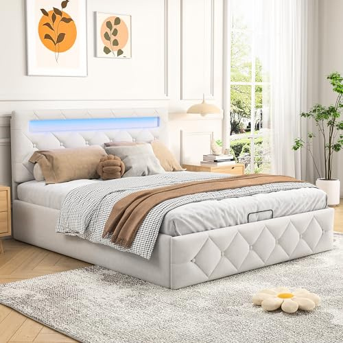 SHAODENG Bett 160x200 mit Stauraum, Polsterbett Doppelbett mit LED und USB-Ladefunktion, Jugendbett Hydraulisch Stauraumbett, Verstellbares Kopfteil, Beige, Ohne Matratze, Samtstoff