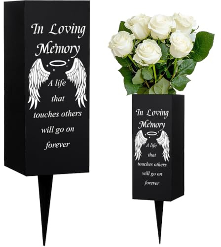 WEBEEDY Cemetery Vases with Spikes Metal Memorial Vases Angel Wings and Rings Black Grave Flower Holder with Drainage Holes Graveyard Grave Ornaments for Loss of Loved One, Funeral, 8x20 cm
