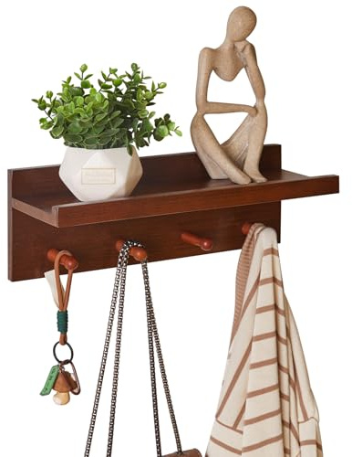 Aibiju Wandgarderobe mit Ablage, 40 cm Holz-Schweberegale mit Schlüsselhalter, Hakenleiste, Brillenhalter & Kleiderstangen für Eingangsbereich, Badezimmer, Küche, Walnussfarbe YD-WS0240H
