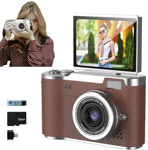 Fotocamera pieghevole 4K per studenti, 2025, fotocamere digitali FHD 4K per fotografia con schermo a scatto, zoom 8X, fotocamera digitale da 48 MP per adolescenti e adulti (marrone, scheda TF da 32 GB