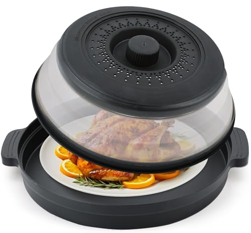 Microwave Cover for Food with Anti-scald Base Mat,Kitchen Gadgets Large Plastic & Silicone Vented Avoid Scalding Collapsible Guard Lid, Plate Holder & Kitchen Colander Meal Prep-10.7 Inch (Black)