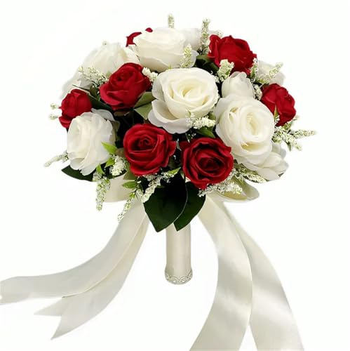 Bouquet da sposa, accessori per damigella d'onore, rose artificiali, bouquet da sposa, decorazione per matrimonio, rosso e bianco