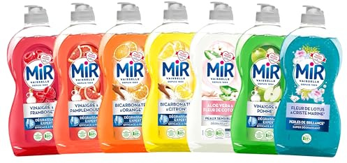 Mir - Megapack Découverte de 7 Liquides Vaisselle 450ml – Vinaigre & Framboise, Citron, Orange, Pamplemousse, Pomme, Aloe Vera, Fleur de Lotus & Criste Marine – Parfumés, Écologiques, Doux
