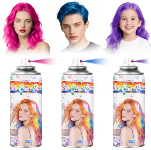 3 Pcs Temporary Hair Color Spray for Kids & Women- Washable Root Touch Up Hair Dye, Non-Sticky Hair Wax for Christmas,Cosplay,Parties (Blue&Pink&Purple)