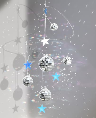 AceList Hanging Disco Ball Decor Suncatcher - Silver Mirror Ball Window Prism for Aesthetic Room Decor, 70s Retro Groovy Boho Party Supplies, Sparkling Spiral Mobile Ornament with Multi-Size Balls
