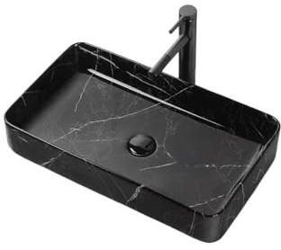 Vasque a Poser Lavabo de salle bain carré en céramique à motif marbre noir Lavabo