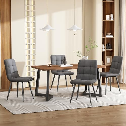 SACOOL Essgruppe Juego de mesa de comedor de 5 piezas, mesa de comedor con 4 sillas, moderna veta de madera con patas de metal negro, tablero de fibra de densidad media, color nogal, sillas de comedor
