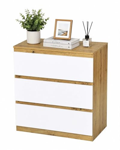 Ginhow Schubladenkommode Eiche Kommode mit 3 Schubladen 70 cm breit, Kleine Kommode für Schlafzimmer, Kommodenschrank Chest of Drawers Modern Grifflos, Schrank mit Schubladen 70x40x75cm