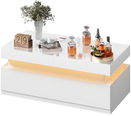YOUDENOVA Couchtisch Weiß Wohnzimmertisch Hochglanz mit 7 Farbiger LED Beleuchtung Modern Beistelltisch Ausziehbarer mit Stauraum 2 Schubladen Kaffeetisch für Wohnzimmer
