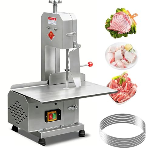 Sega a nastro per carne, 750 W, per ossa e carne surgelata, banco da lavoro con 6 lame per costolette, maiale e manzo